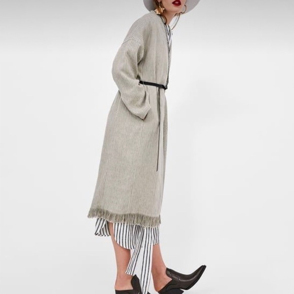 Zara Woman Stripe Wrap Dress Coat Sz Med Belted Linen Fringe Hem Roll Up Sleeves - Picture 1 of 14